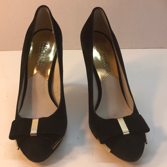 MICHAEL Michael Kors Shoes - Michael Kors Black Suede Bow Pumps with Gold Trim Size 6